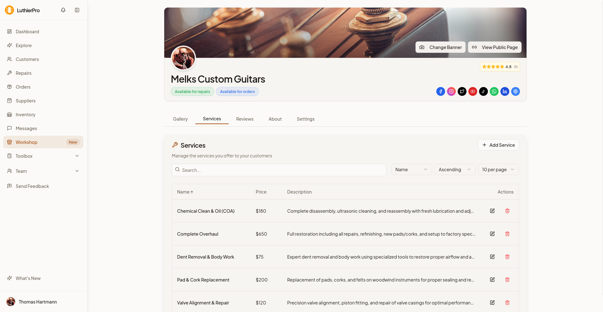 Manage your services and pricing